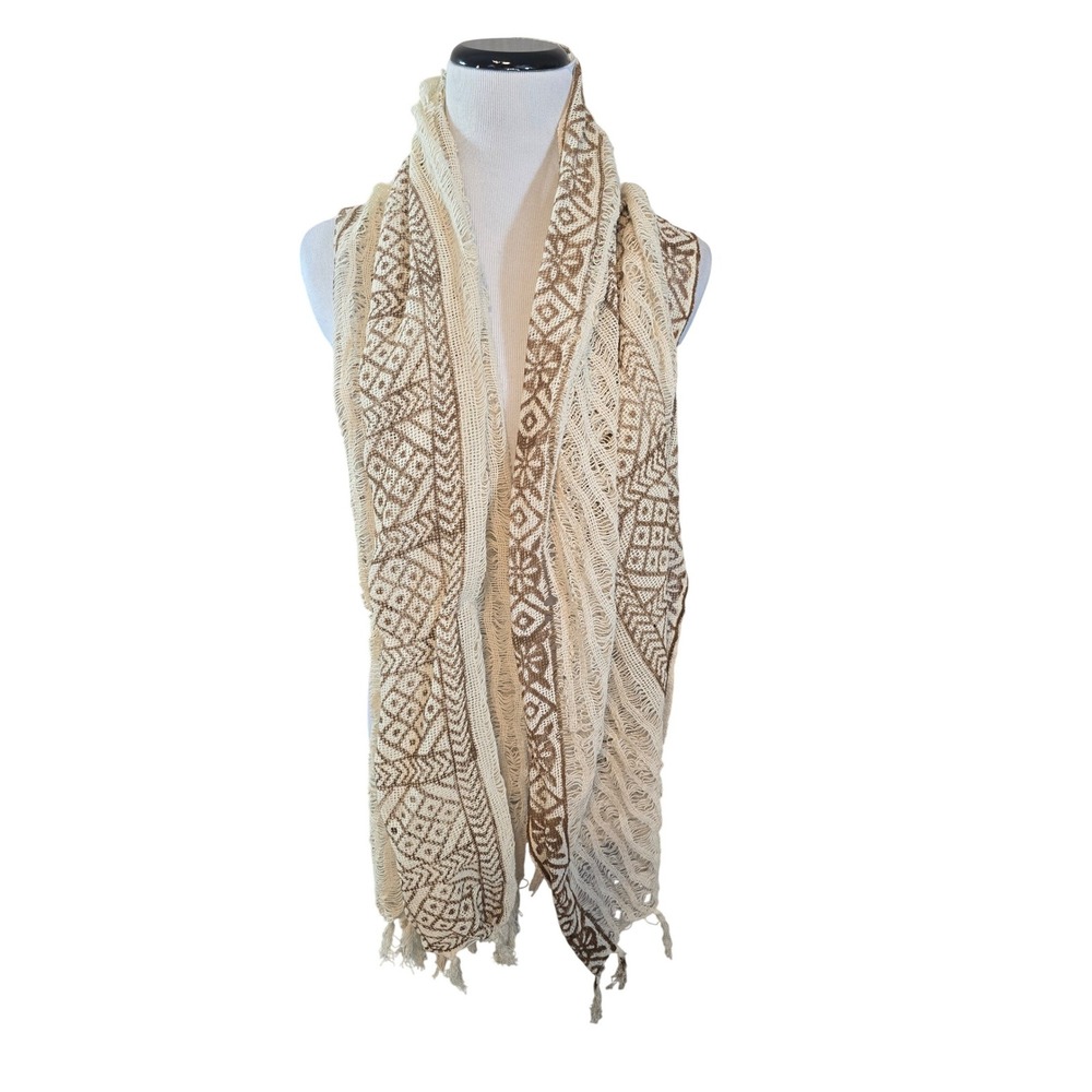 Nikky Women's Cream Brown Geometric Print Open Weave Cotton Scarf‎ Wrap New